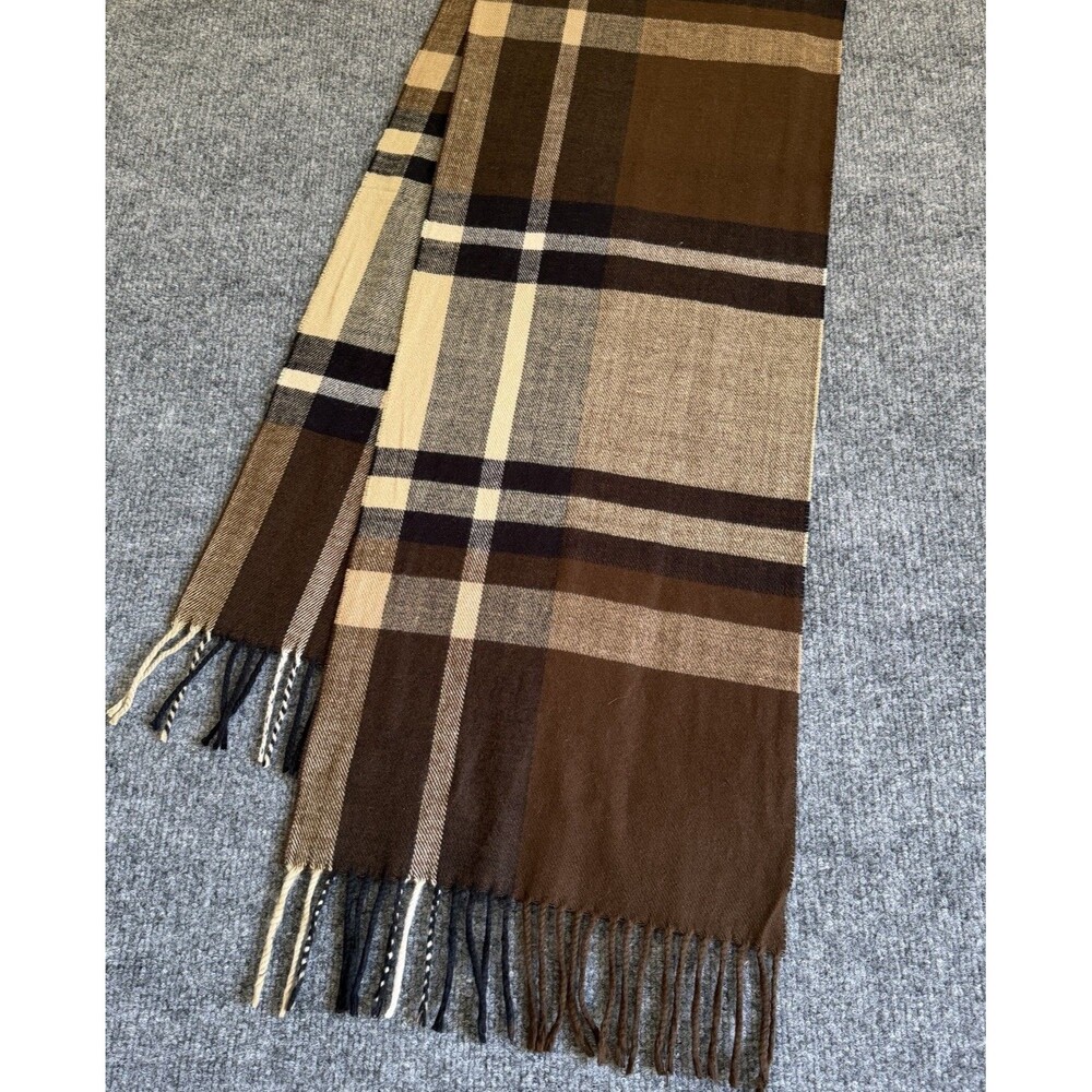 Scottish Cashmere Scarf Womens One Size Beige Check Fringe Made In Scotland